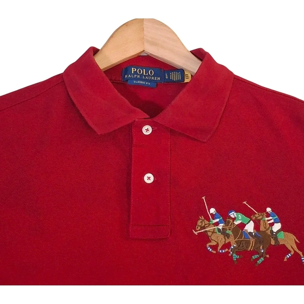 Polo Ralph Lauren Mens Long Sleeve Triple Pony Polo Shirt Red Classic Fit L